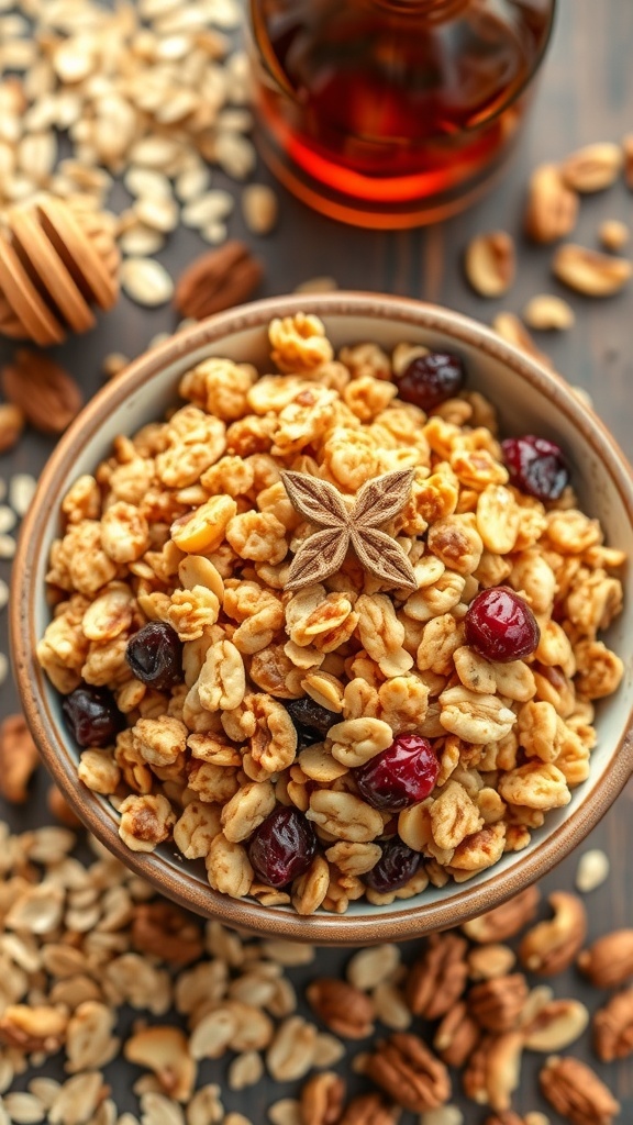 A bowl of crunchy oat granola with nuts and dried fruits, surrounded by oats and honey.